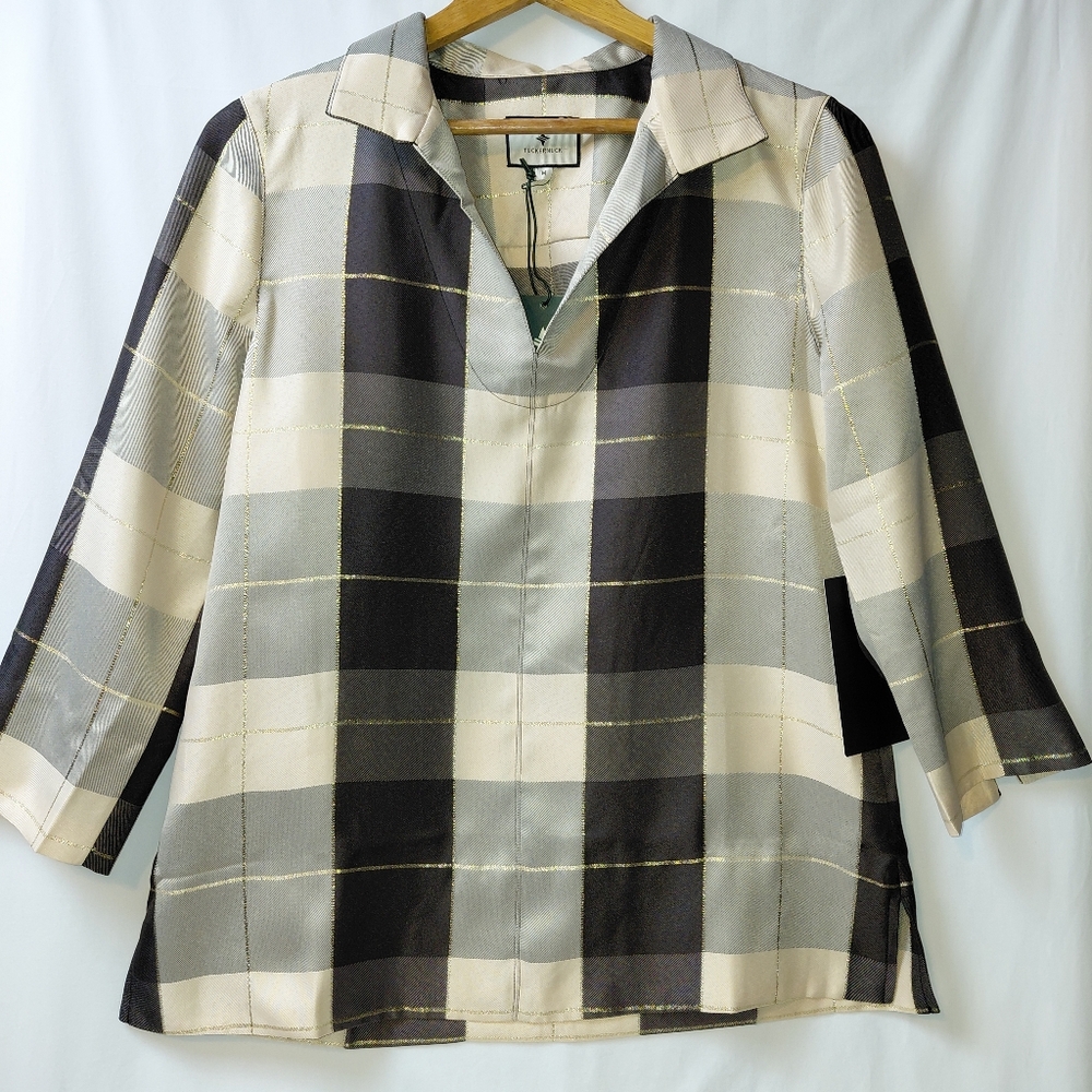 Tuckernuck Black Gold Metallic Plaid Blouse Top Women's Sz Medium NWT